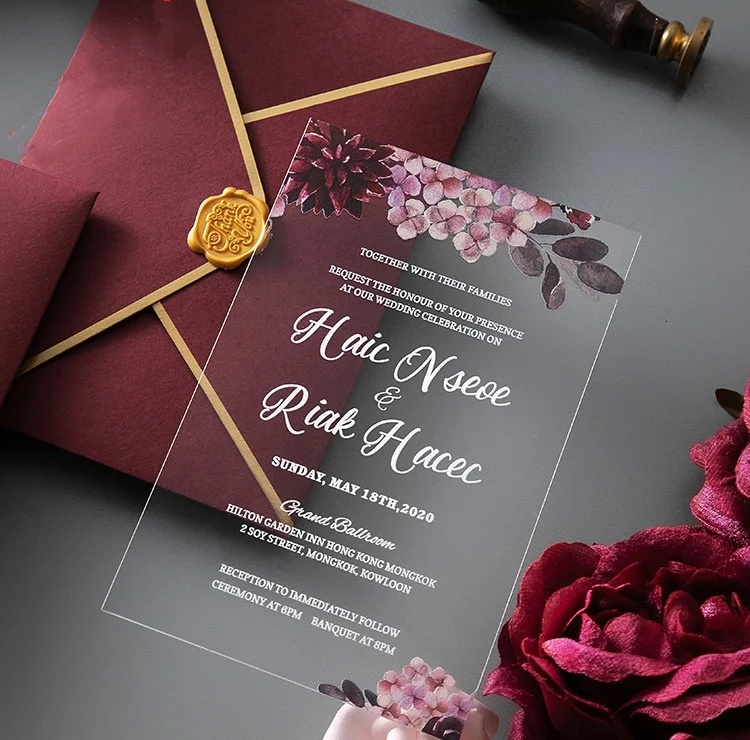 Customized Luxury Party Birthday Greeting  Business Invitation Card 5X7 Inch Clear Acrylic Wedding Invitations With Envelopes