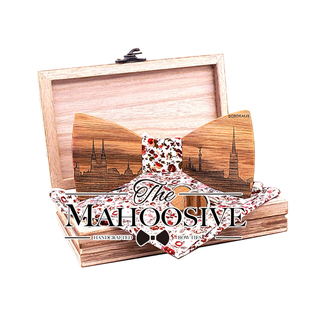 Zebra Wood France Bordeaux Skyline Wooden Bow ties Butterfly Gravata Skyline Ties For Men Cufflinks noeud papillon cravate