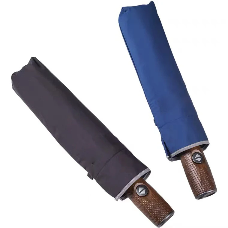 Custom portable auto open and close wood grain handle reflective border rain umbrella windproof