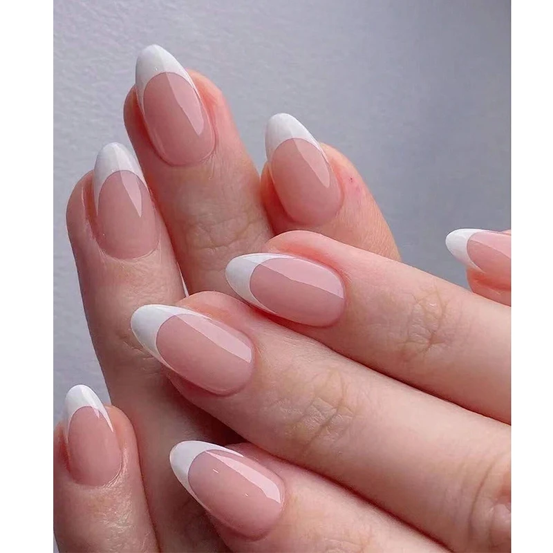 Nail Supply Hot Selling New False Nail French White Edge Hand Painted Stiletto Almond French Acrylic Press on Nails Wholesale