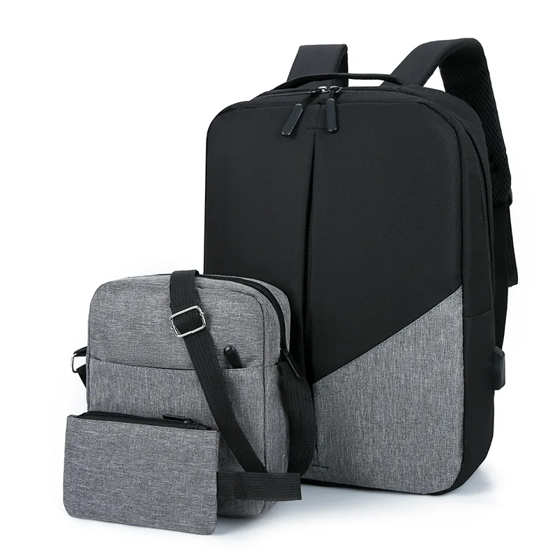 High Quality Fashion Mens, 3 Pieces Set Laptop Backpack Messenger Bag Pencil Case Usb Smart Student School Backpack/