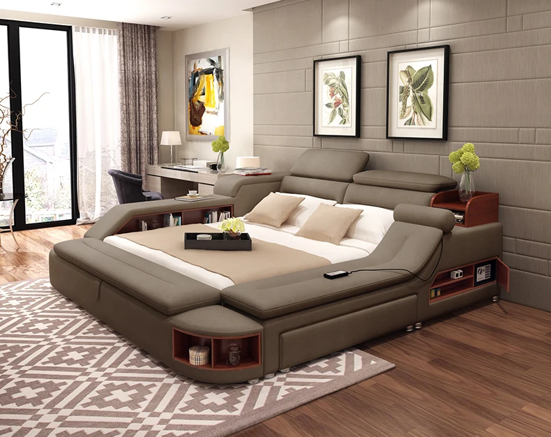 Multi function bed with massage and music pu leather upholstered bed with led