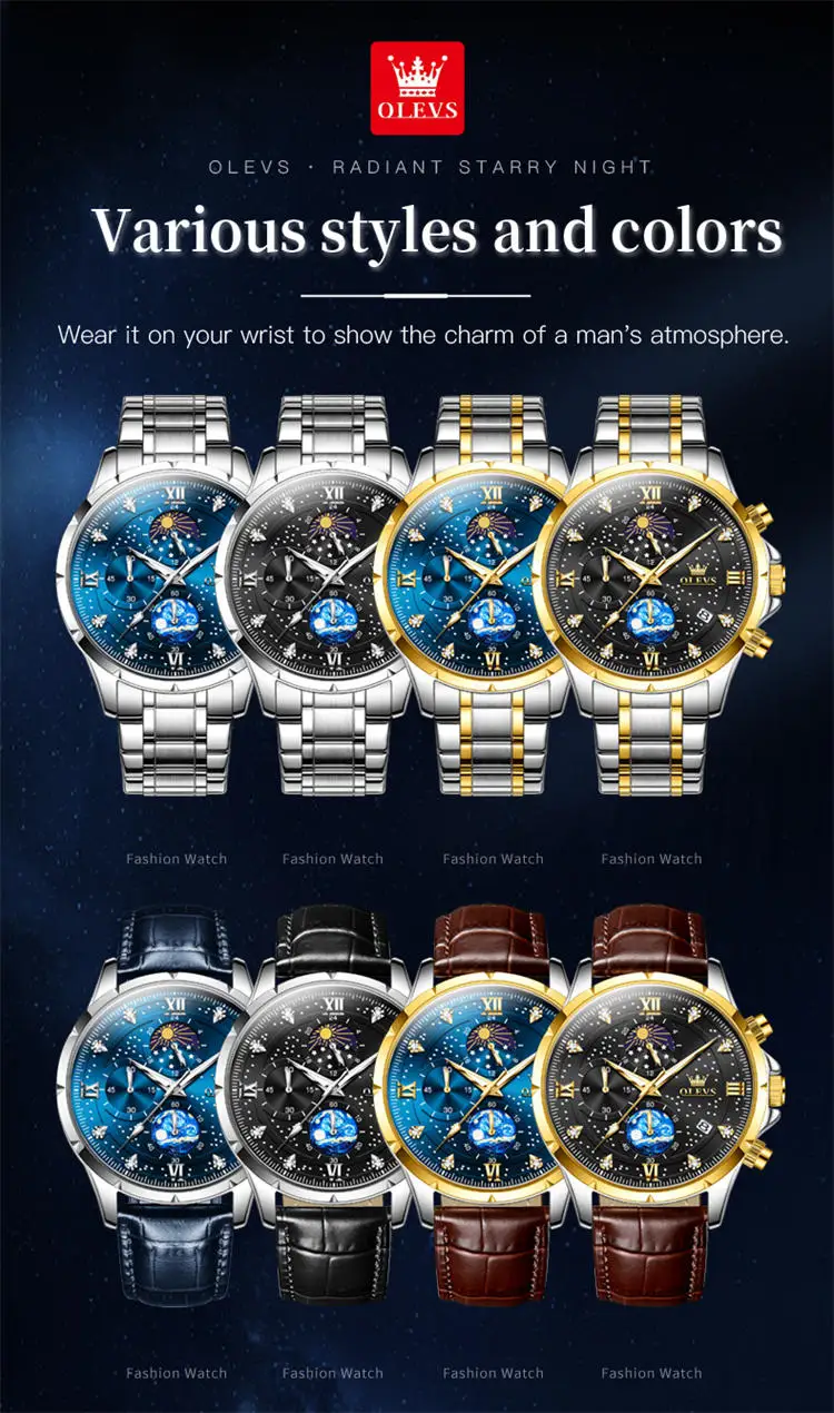 OLEVS 9807 special custom brand  gents quartz watch original Stainless steel band Luminous Chrono stars sun Casual hand watch