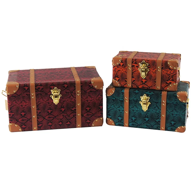 
Hot Selling Antique Rectangle Wooden Base Pu Set of 3 Storage Trunk 