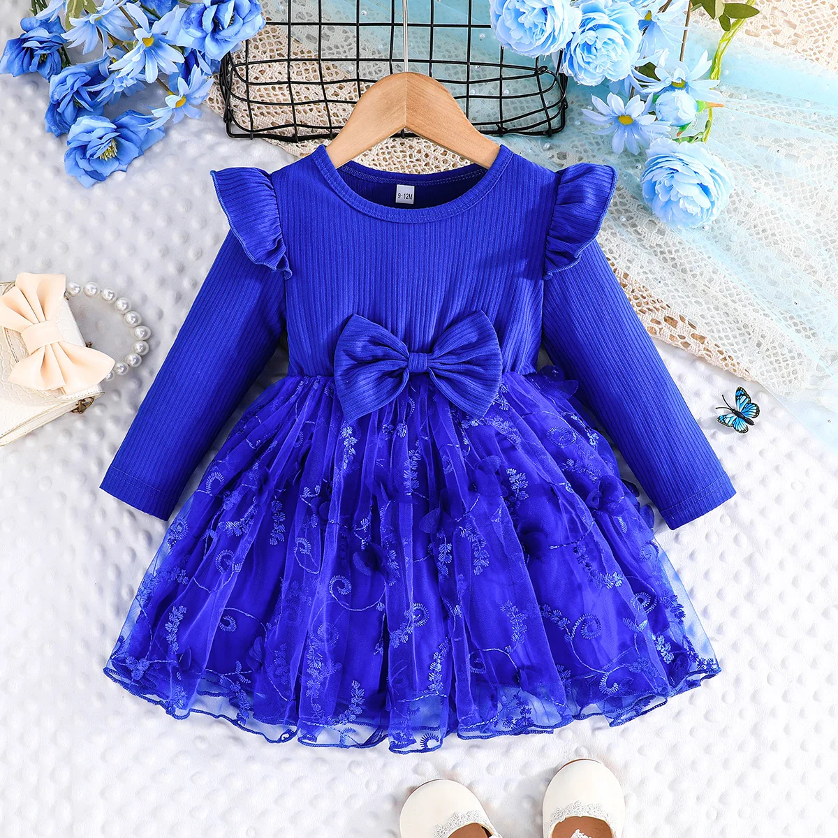 Fall 2024 2024 New Baby Girls Dress Spring Autumn Newborn Floral Dress New Girl Bow Lace Princess Dresses
