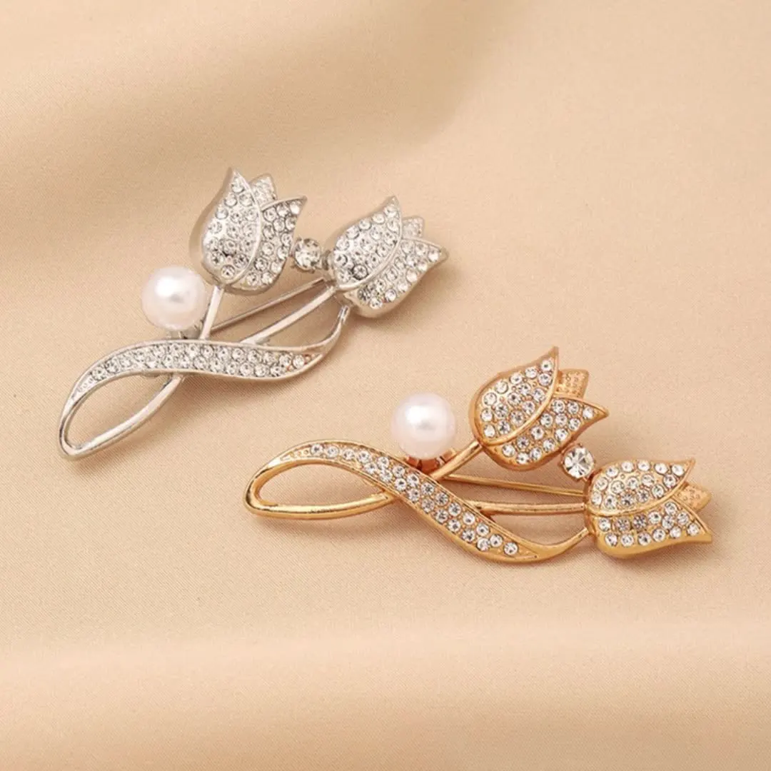High-end exquisite metal crafts custom luxury fashionable corsage tulip flowers pearl rhinestone brooch pin for clothes