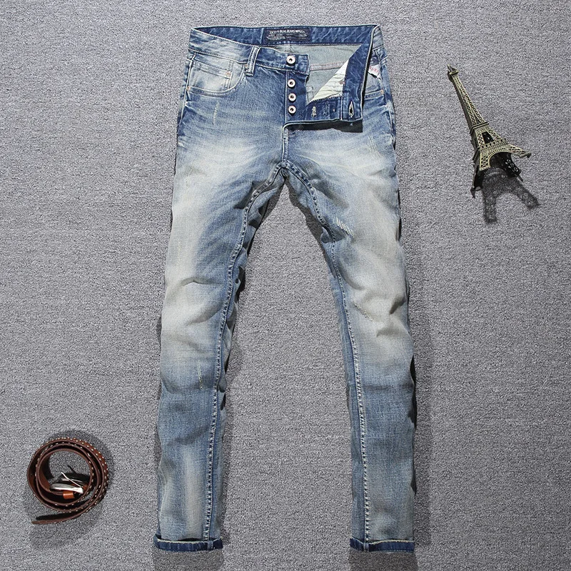 Джинсы мужские рваные в итальянском стиле, модные брюки Slim Fit, эластичные классические дизайнерские штаны, светло-голубые белые, с пуговицами