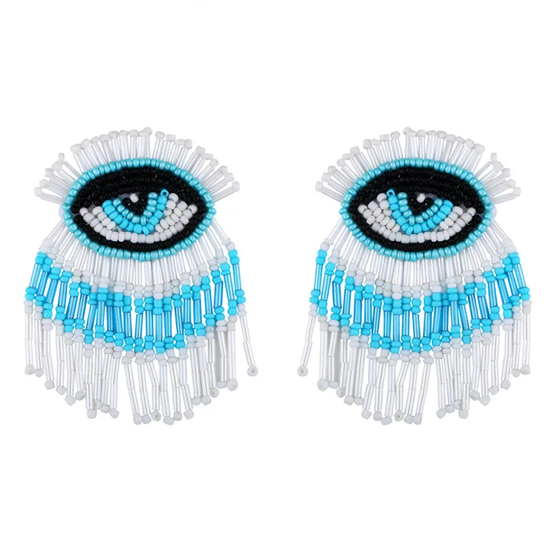 Wholesale Bohemian Fashion Long Tassel Creative Cartoon Evil Eye Shape Hand Made Seed Bead Stud Earrings for Women