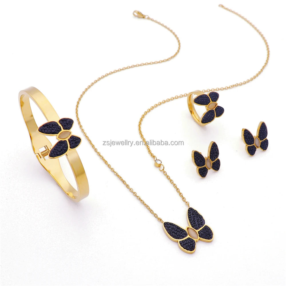 Stainless Steel Diy Women Butterfly Jewellery Black Diamond Set 18K Dubai Gold Plated Jewelry