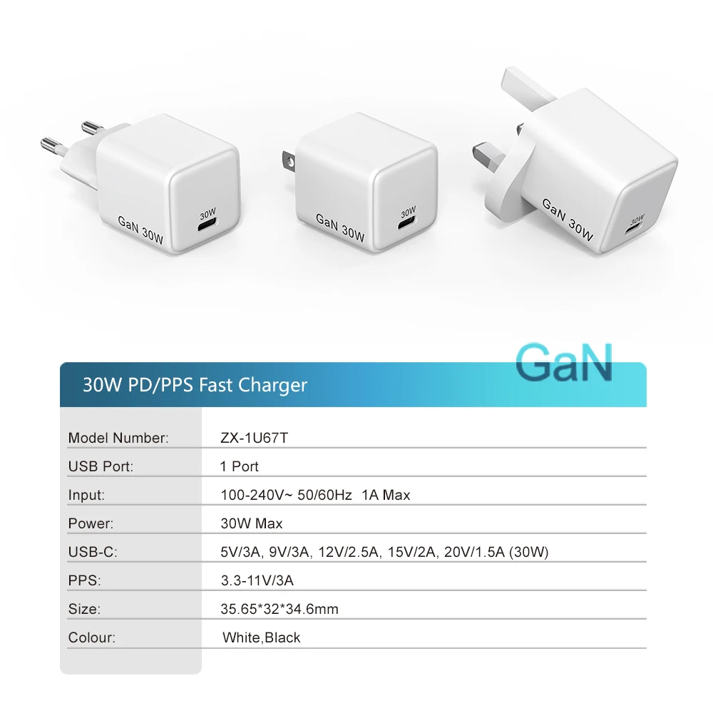 2024 Customized Logo PD QC GaN Type C PD Fast Charger EU Plug 30W USB-C Travel Adapter with CE EAC