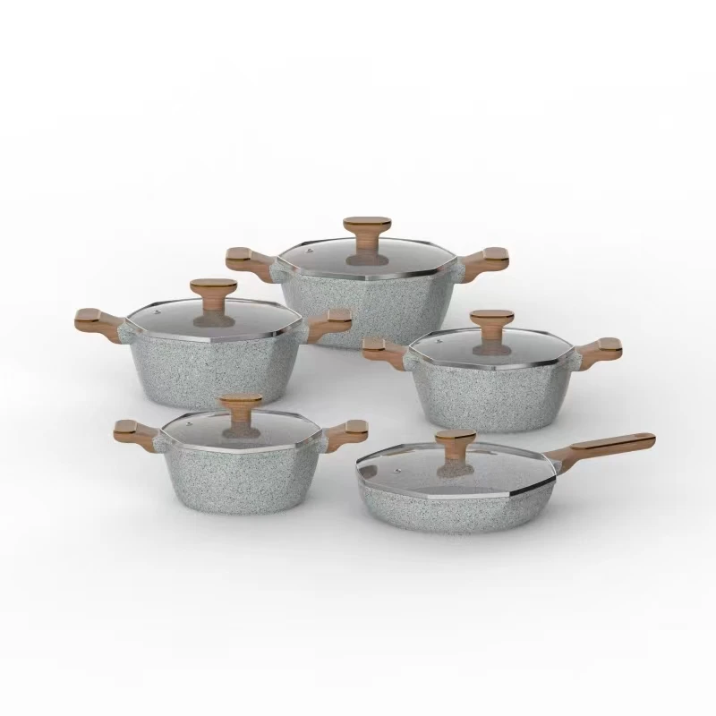 Outdoor Cookware Set 10-Piece Grey Octagon Die-Cast Includes 4 Stockpots and 1 Frying Pan