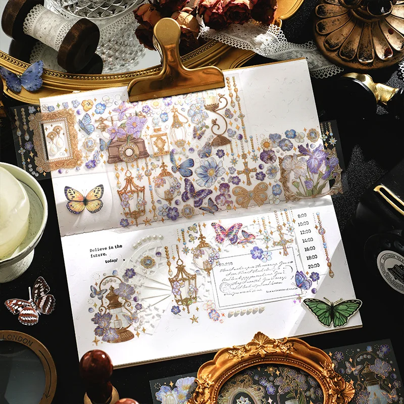LABON Butterfly Flower Gold Foil PET Retro Diary Journal Scrapbooking Decorative Stickers