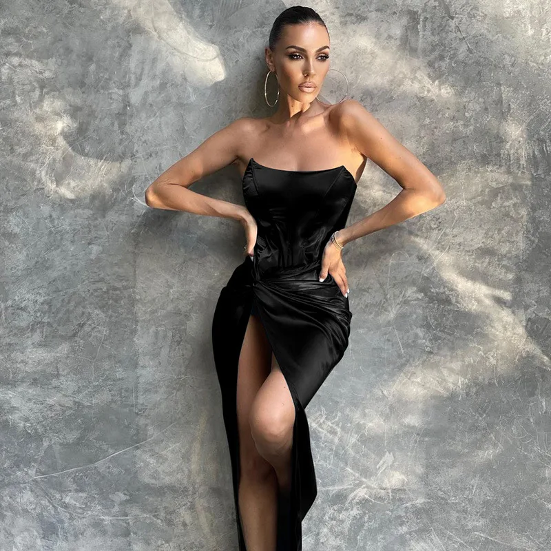 2022 new style high quality slash neck strapless split satin dress strapless twisted dress sexy party dresses for women