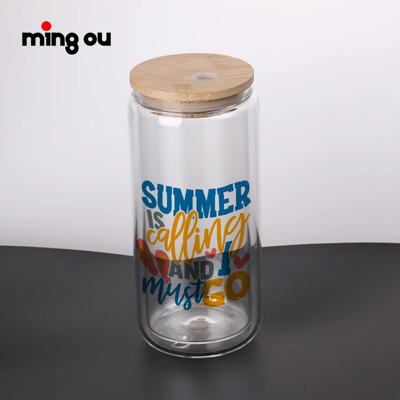 Customized 16oz reusable blank water cup glass beer can with bamboo lid and straw