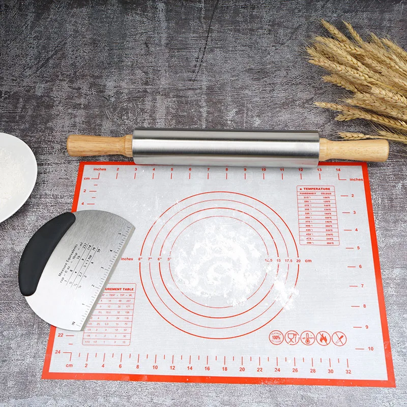 Non Stick Wood Sides Stainless Steel Kitchenware Set Rolling Pin Dough Mat Dough Cutter Roller Pin Baking Bakery Bakeware