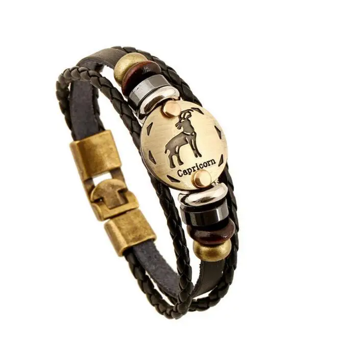 
Real Factory 12 Zodiac Cheap Personalized Vintage Punk Man Peace Truth Leather Zodiac Leather Bracelet Men 