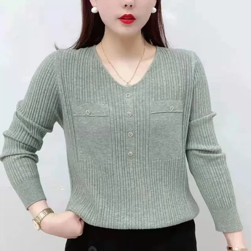 2024 Spring Slim Fit Bottoming Sweater Tight Long Sleeve Sweater Knitted V Neck Pullover for Women