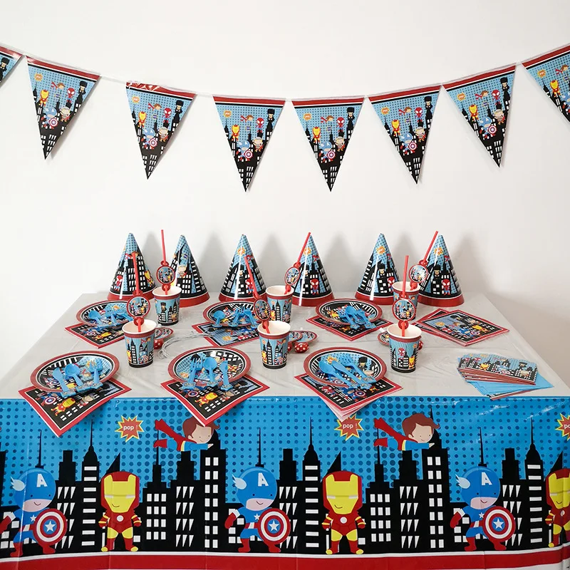 OEM Children Birthday Party Supplies Pack Super Hero Avengers Justice League Themed Paper Party Decoration Set
