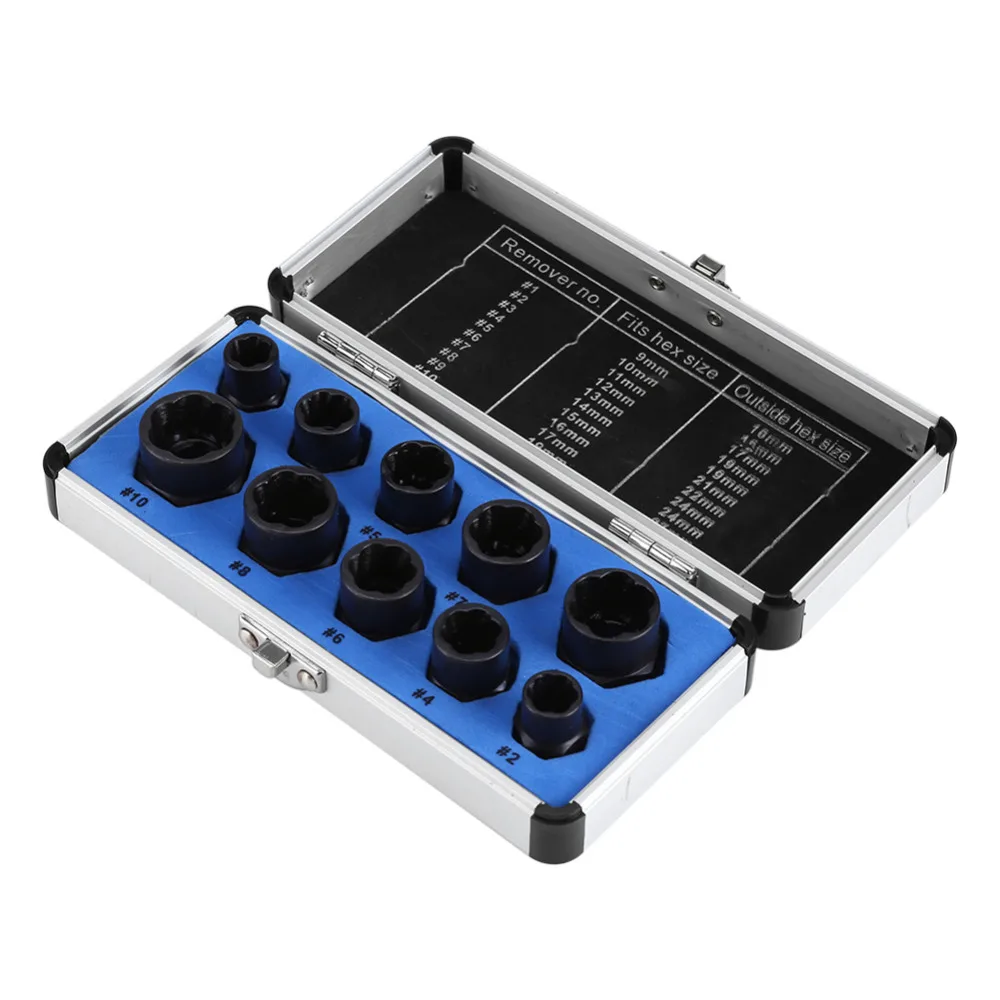 10Pcs Damaged Bolt Nut Screw Remover Extractor Removal Set Nut Removal Socket Tool Threading Hand Tools Kit With Box
