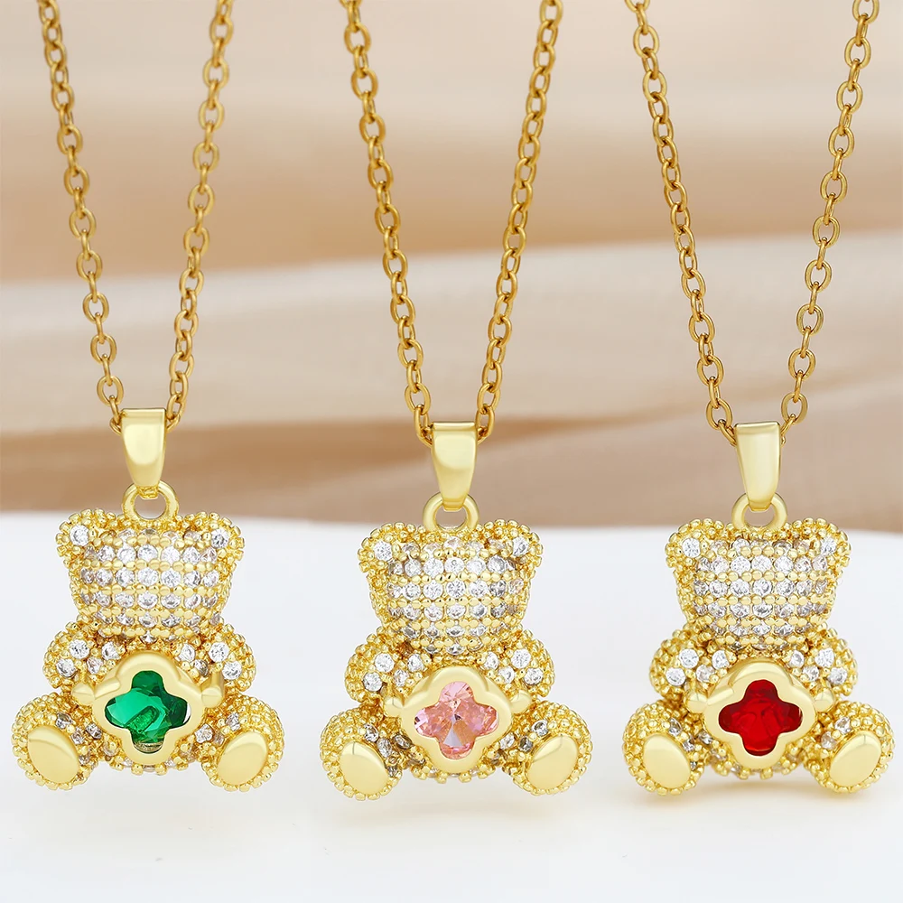 FY Fashion Jewelry Necklaces Gold Plated Cubic Zircon Full Diamond Iced Out Clover Heart Cute Bear Pendant Necklace