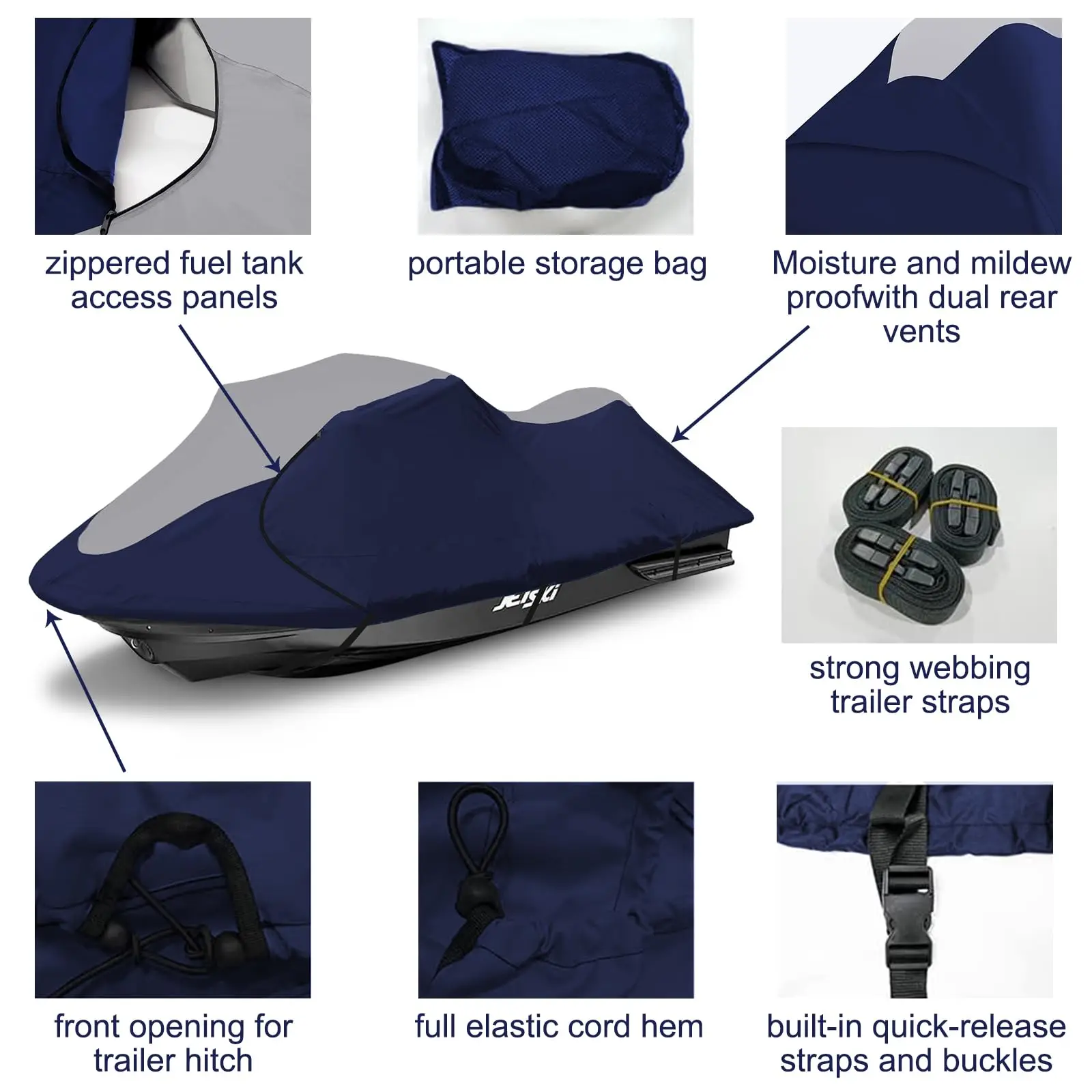 Outdoor Gray and Navy Blue Jet Ski Cover Waterproof and UV Resistant Motorboat Cover