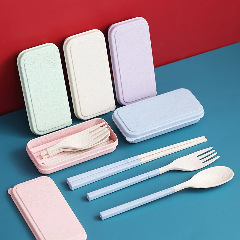 Amazon hot selling travel cutlery portable detachable folding chopsticks knife fork and spoon set wheat straw cutlery for kid