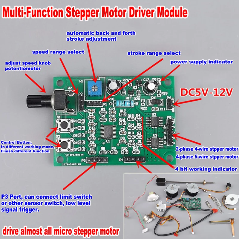 DC 5V-12V 6V Драйвер шагового двигателя мини 2-фазный 4-проводной 4-фазный 5-проводной Многофункциональный Шаг регулятор скорости вращения зарядная Модульная