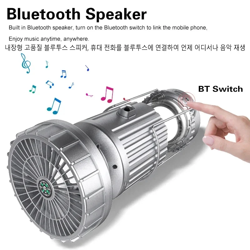 BT Speaker LED Camping Lantern Solar USB Rechargeable Portable Light With Fan And Flashlight With Power Bank