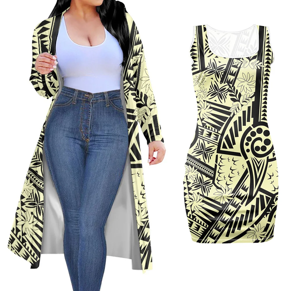 Personality Print Polynesian Tribal Hibiscus Samoa Fijian Print Kimono Coat Large Size Women Bodycon Party 2 Pieces Clothing Set