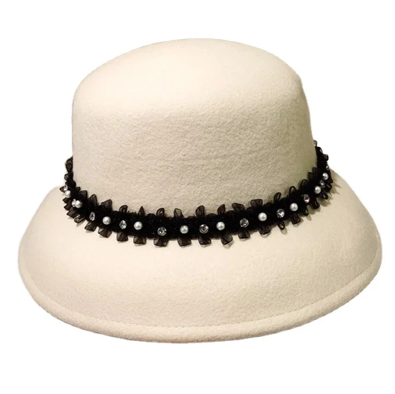 Fashion 100% australian wool felt hat bowler bucket cap women winter cloche fedora dressy hats with pearls