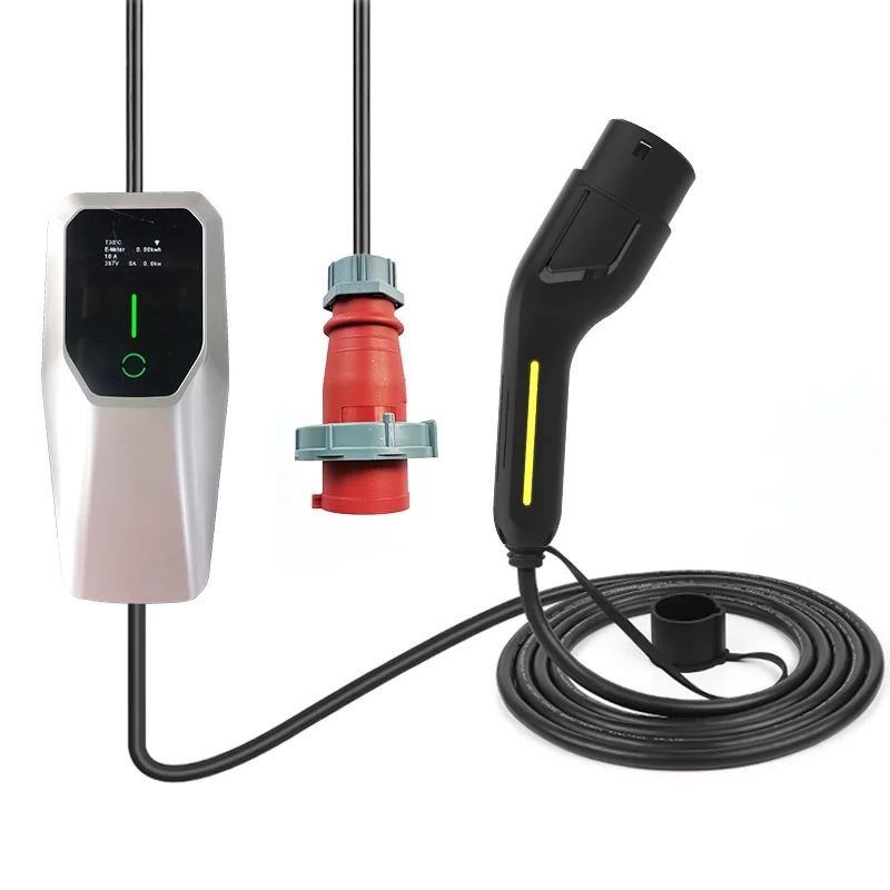 Enjoe Electric Car 16A 32A Mode 2 EVSE Charging Box Level 2 Portable EV Charger 11KW 22KW GBT Type 2 with Red CEE Plug