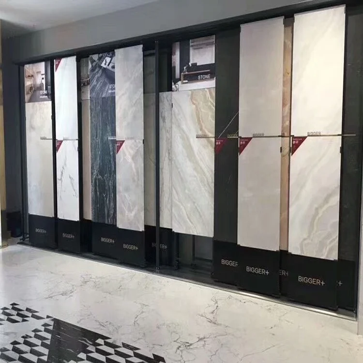 Latest rotating and sliding stone marble stainless display pedestal rack floor stone vertical display rack stand of ceramic tile