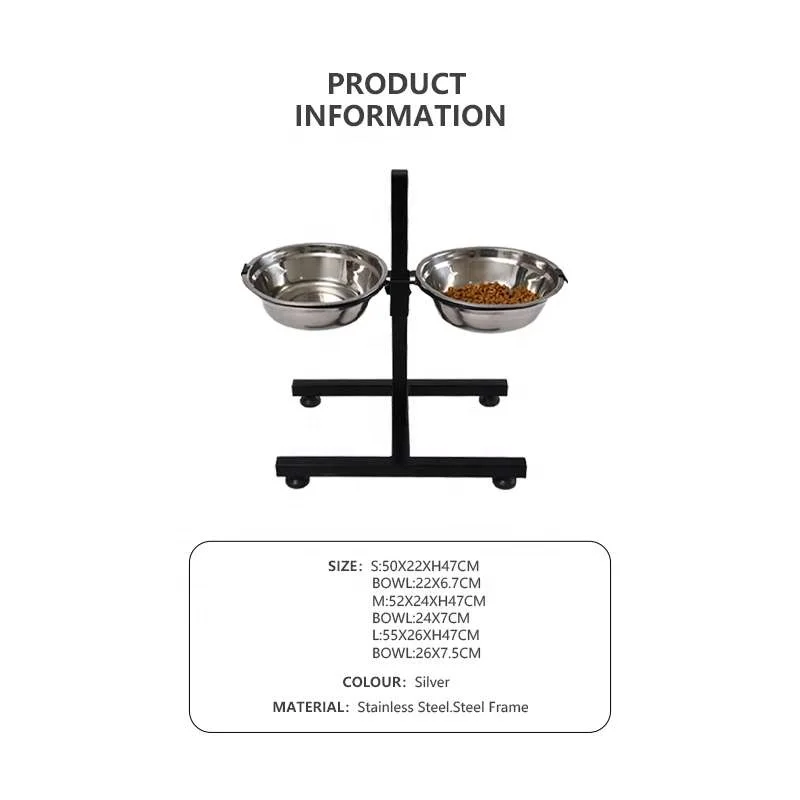 Petstar New Pet Feeder Removable Raised Adjustable Iron Frame Stainless Steel Double Elevated Cat Dog Bowl