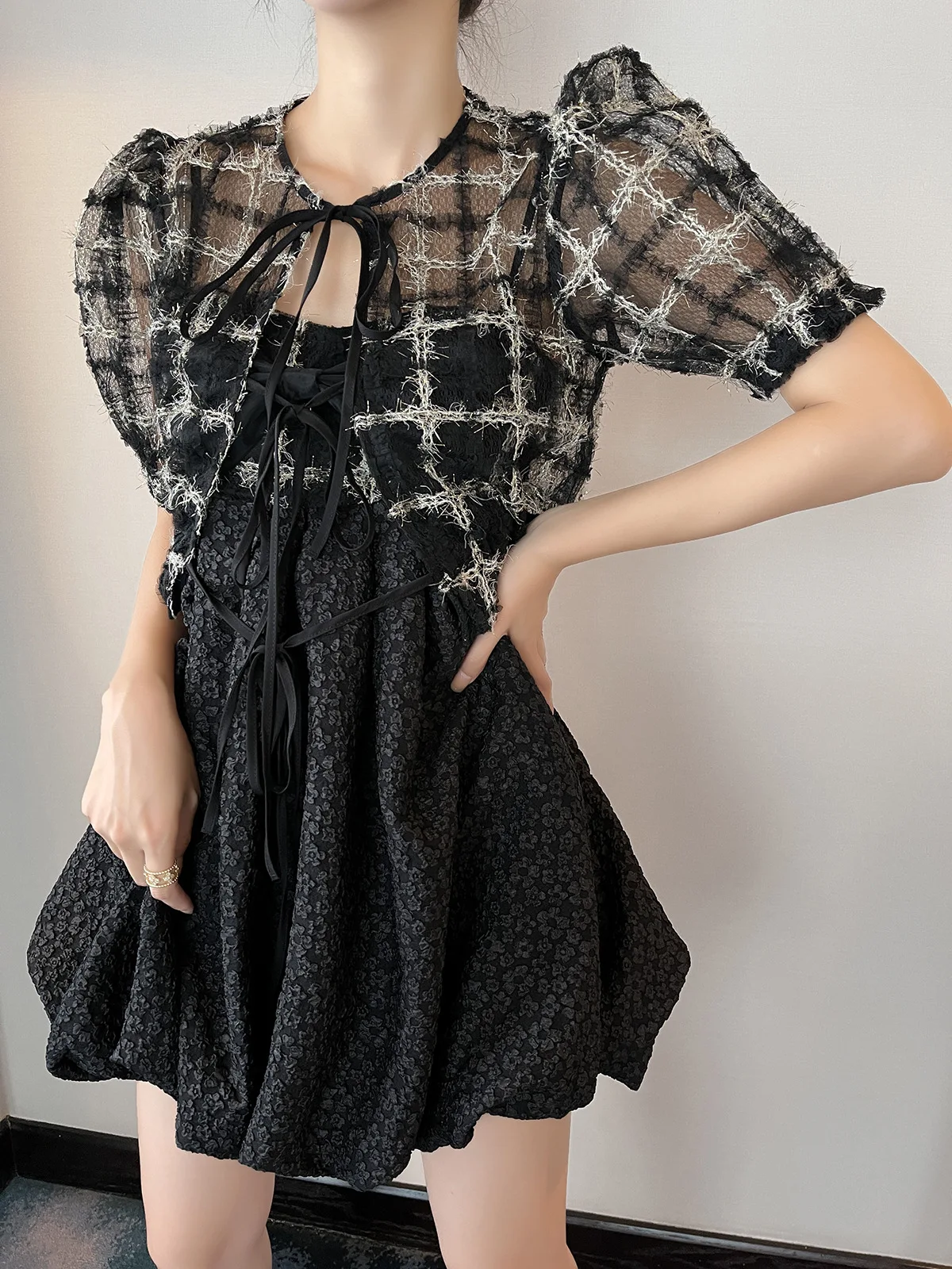 Summer Dresses Jacquard Sling Dress Puff Sleeve Two Piece Set Mini Black Loose Clothing