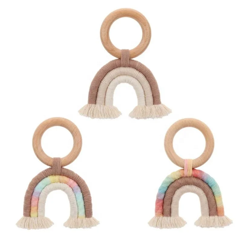 Baby Teething Ring Rainbow Tassel Macrame Wooden Boho Baby Teether Stroller Gift Decoration Toys Shower Gift