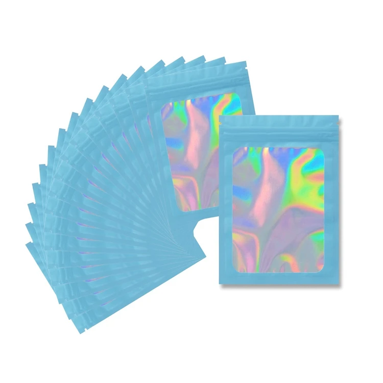 3 x 4 Inches Stand up Pouch Recycled PE Plastic Food Holographic Bag with Zipper Lock and Window Eco-Friendly Packaging