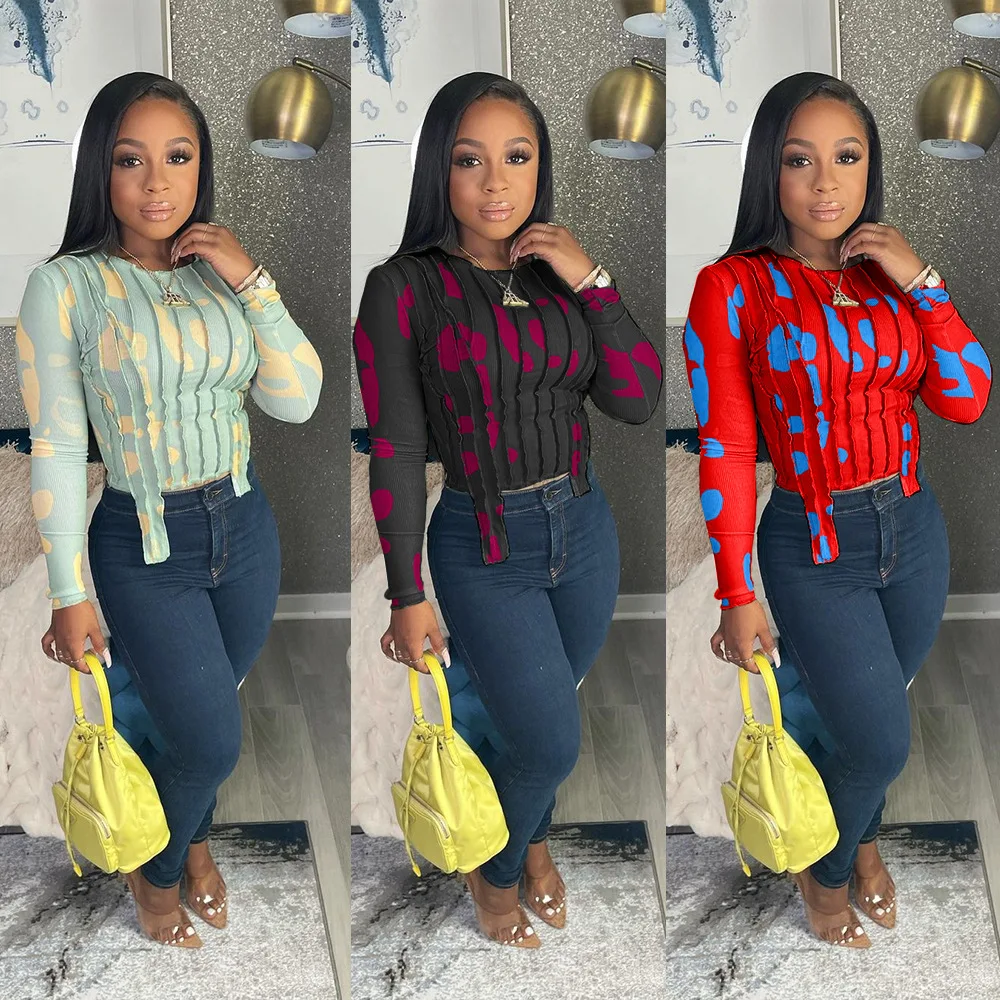 Dvacaman 2021 Trendy Fall Casual Elegant Patchwork Line Tie Dye Long Sleeve O-neck Plus Size Women Print Tops