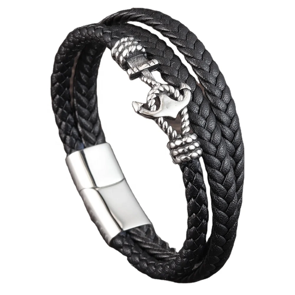 
2021 Silver Anchor Accessories Chain Cuff Bracelet Stainless Steel For Mens Jewelry Gift Genuine Leather 