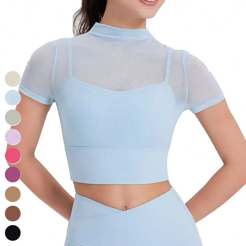 Quick Dry Workout Crop Top Sexy Mesh Running Woman Clothing Short Sleeve Fixed Padded Fitness T-shirt Sports T Shirt For Women