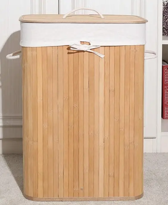 72 L Strong Folding Bamboo Cloth Laundry Hamper Rectangle Storage Basket with Lid Handle Natural Cotton Material Home Use Basket