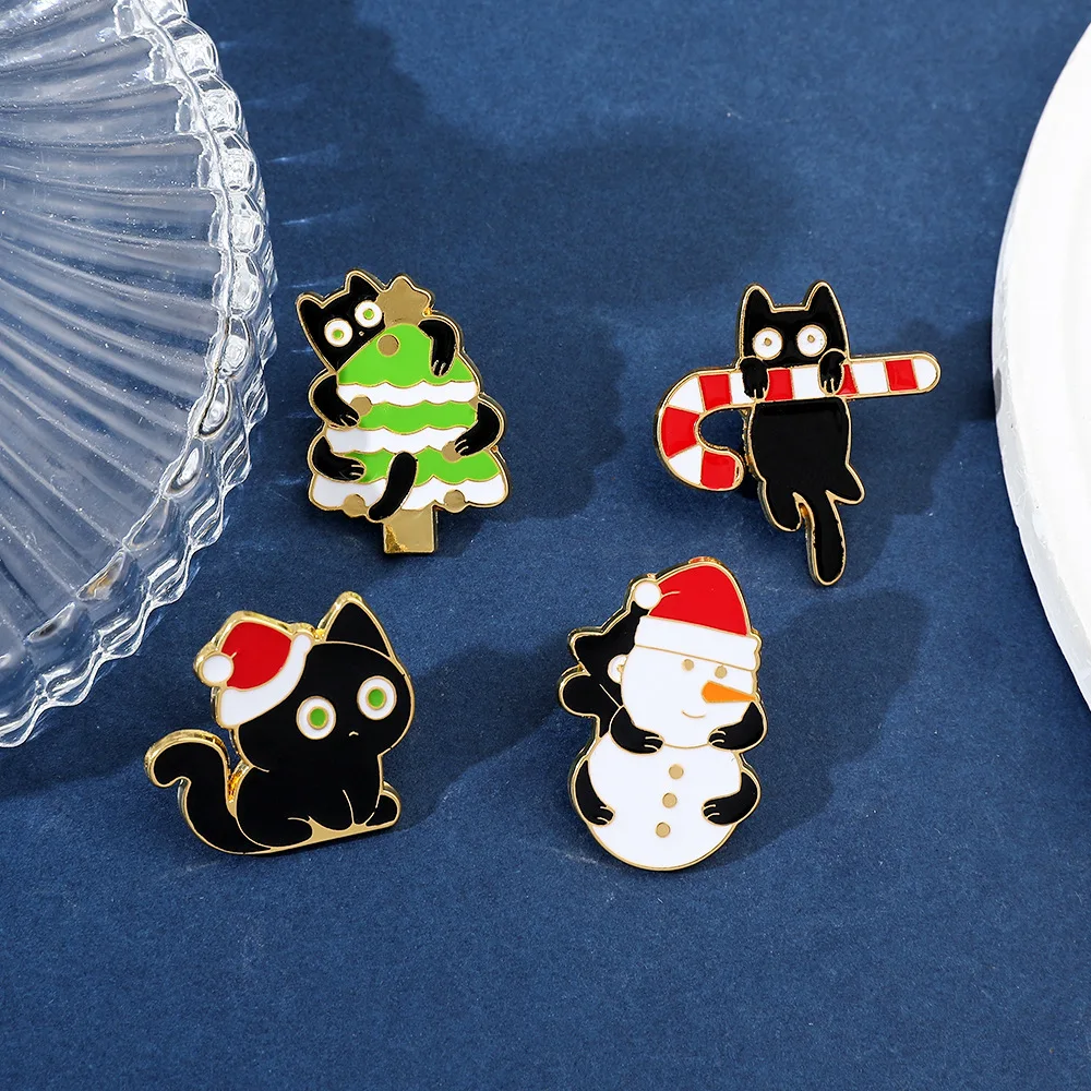 Christmas style small black cat kitten hugging Christmas tree alloy enamel pin badges