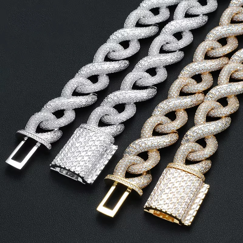 Factory Wholesale Big Size Gold Plated Iced Out Cuban Necklace 18mm Prong Cuban Chain Necklace Moissanite Diamond Cuban Chain
