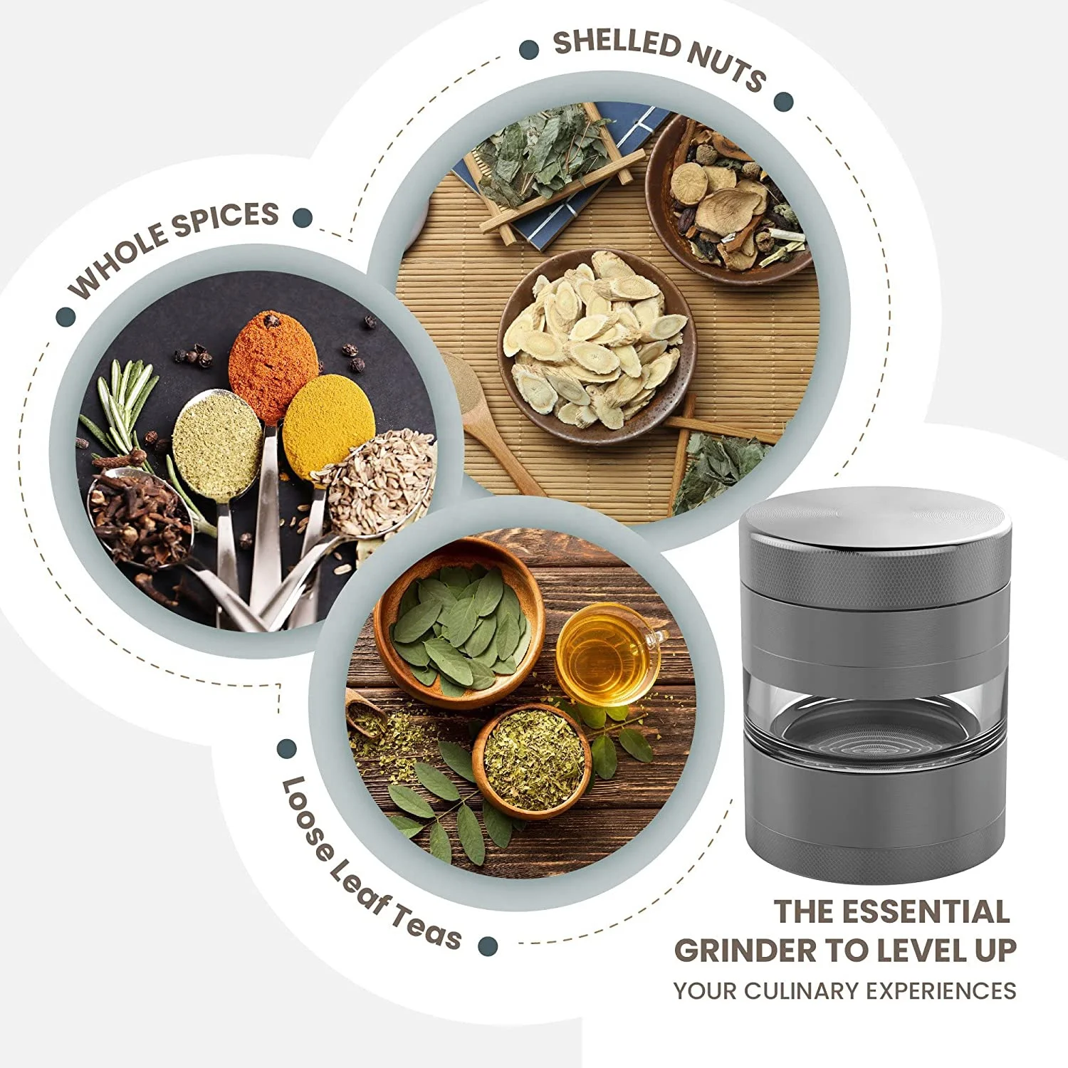 5 piece grey herb tobacco grinder  with solid teeth aluminum alloy hemp crusher holding chamber with window