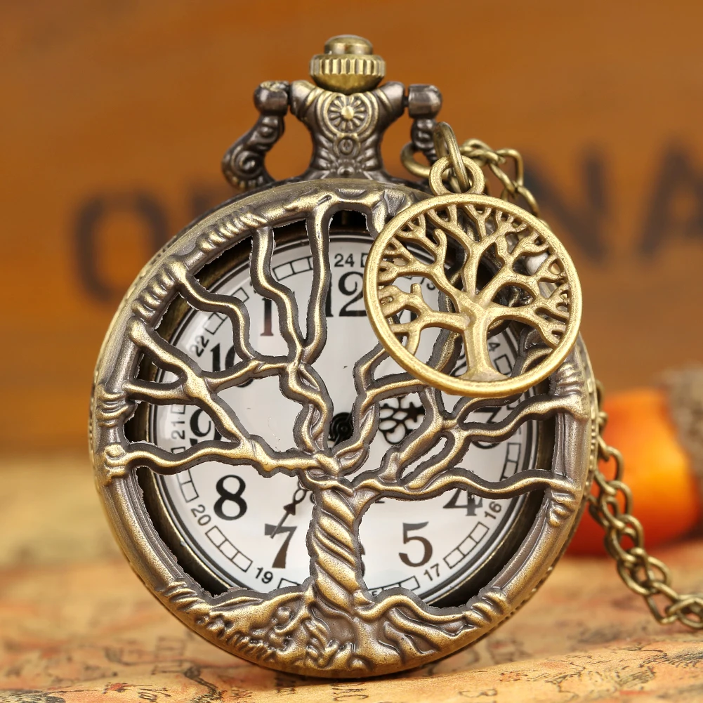 Souvenir Chain Clock Vintage Bronze Hollow Necklace Pocket Watch With Tree Of Life Pendant