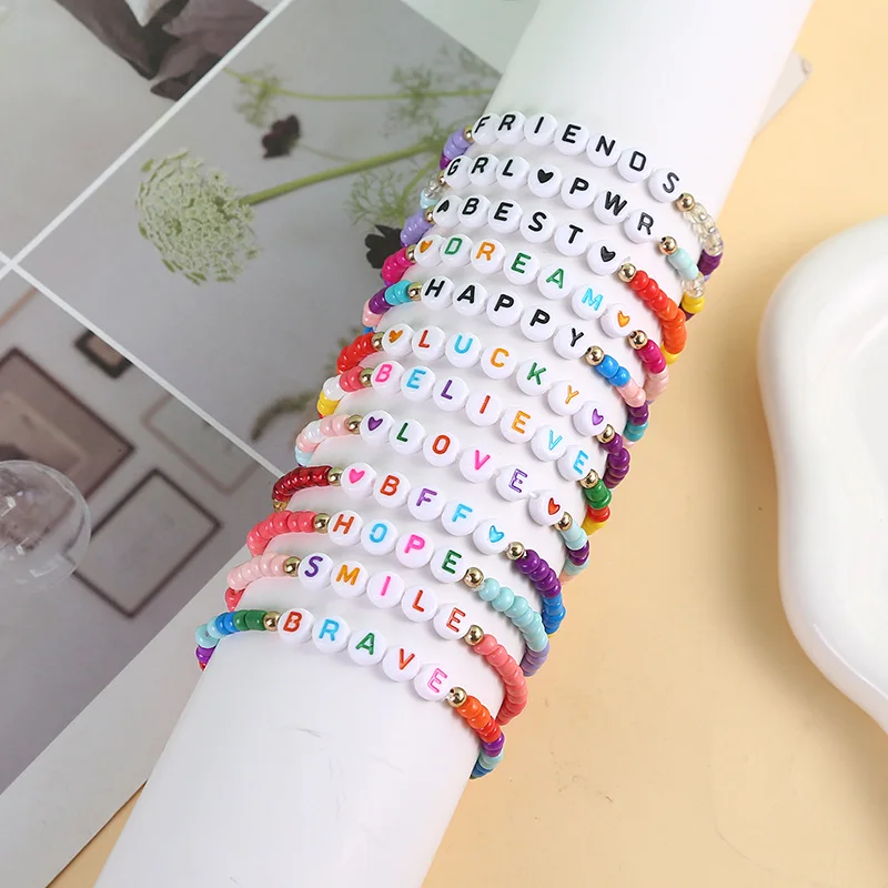 Custom fashion Letter beaded bracelet Charm Friendship Women Bead elastic handmade adjustable bracelet set