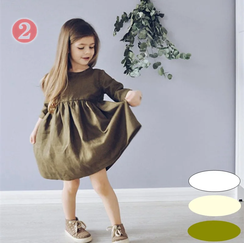  P107063 NEW LINEN COTTON BABY DRESSES kids long white flutter sleeve lace skirt girl fashionable solid linen