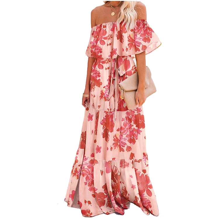 2021 hot sale summer Print tie-dye graceful sexy off shoulder dress for women summer beach wear dresses
