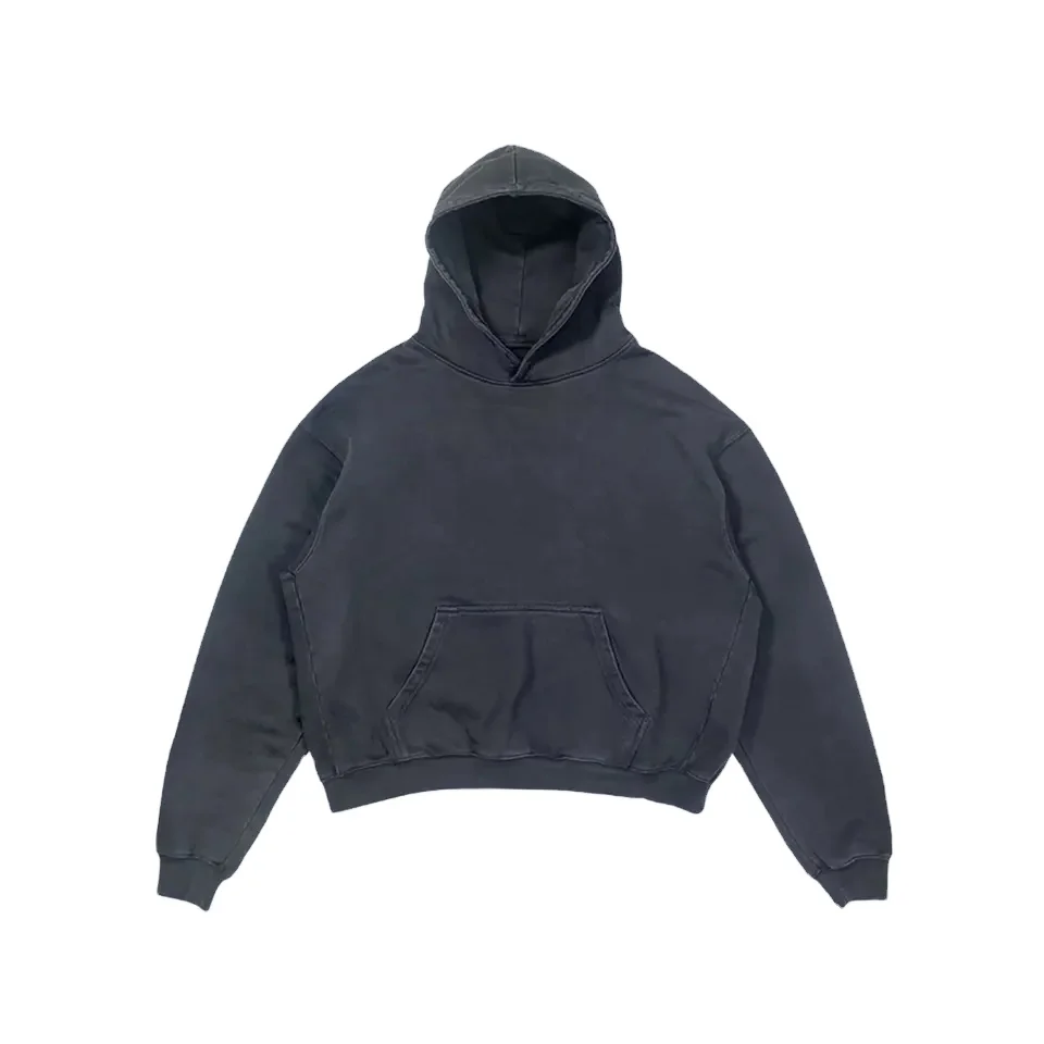 Top selling Boxy Fit Cropped Puff print Graphic 600G Cotton Fleece Stone wash  Black Hoodie Cut and Sew Manufacturing Company