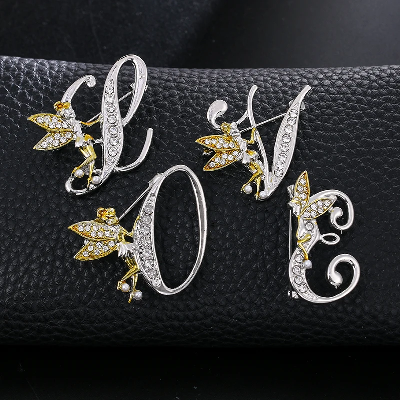 New Arrival Crystal Rhinestones Angel Fairy Initial Letters Brooch Pins for Women Girls Jewelry Gifts