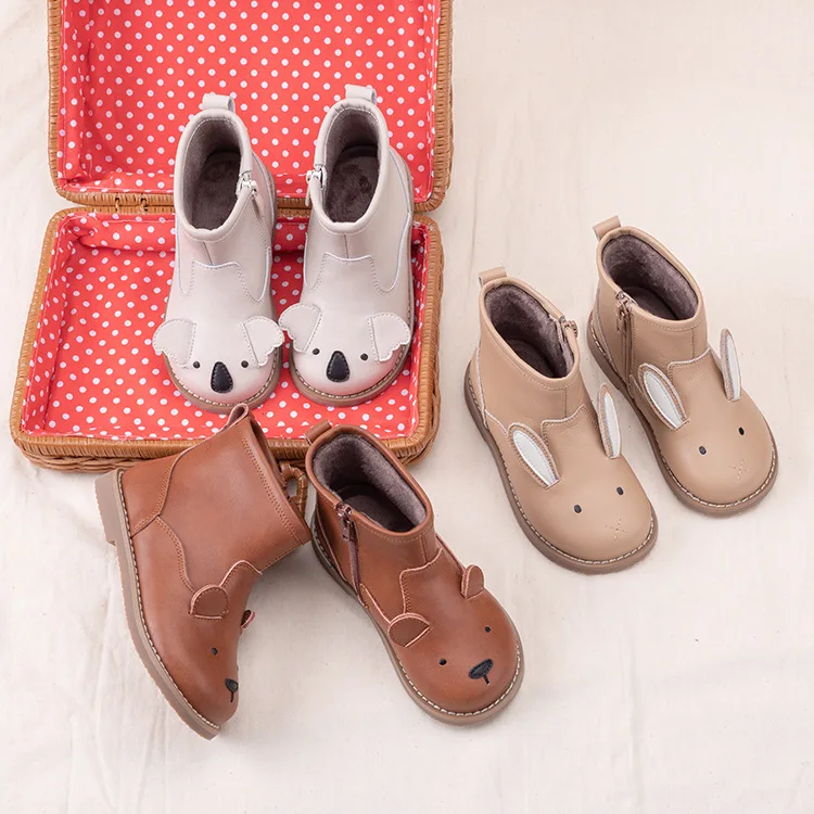 Ivy82058A Kids fall winter thick ankle boot new cute animal design girls lamb wool genuine leather boot child warm shoes